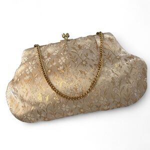VINTAGE Gold Cream Clutch Evening Bag Purse Kiss Lock Floral Metallic Chain